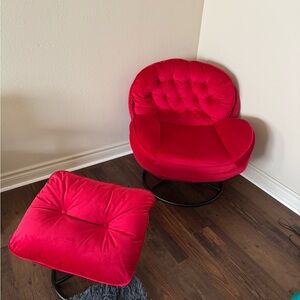 Accent Chair TV Chair Living Room Chair with Ottoman (Red-Velvet)